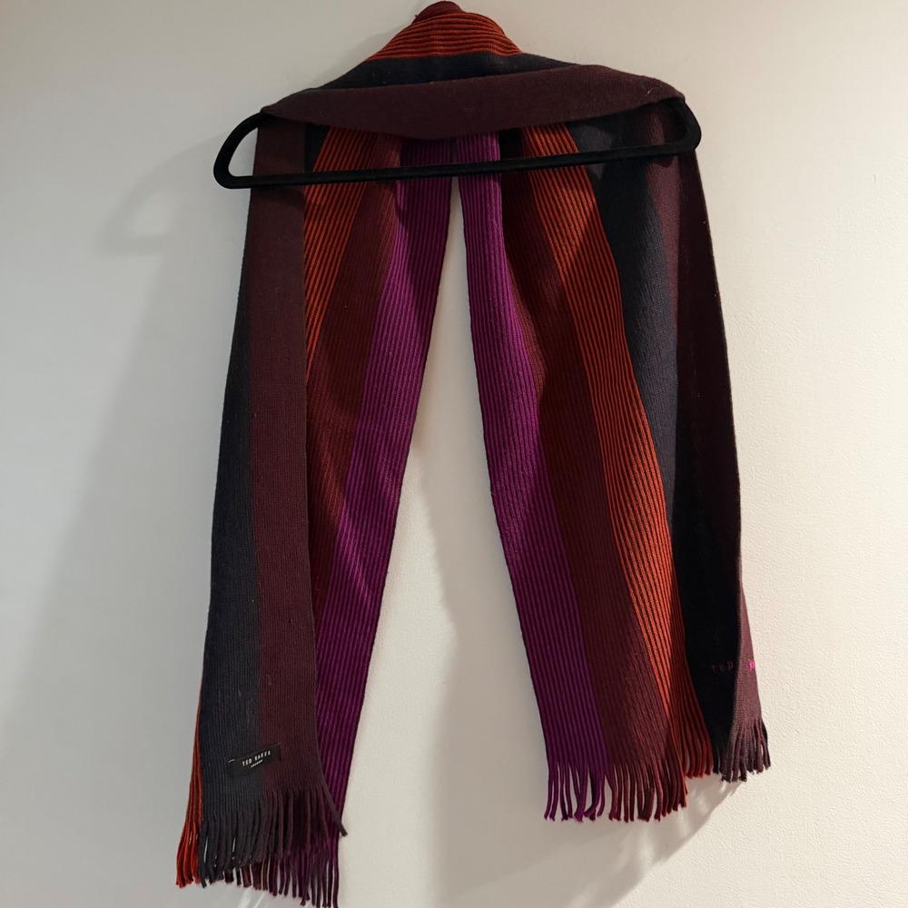 Ted Baker Scarf‎ Mens OS Multicolored 60x11in Ribbed Knit Striped Fringe Logo